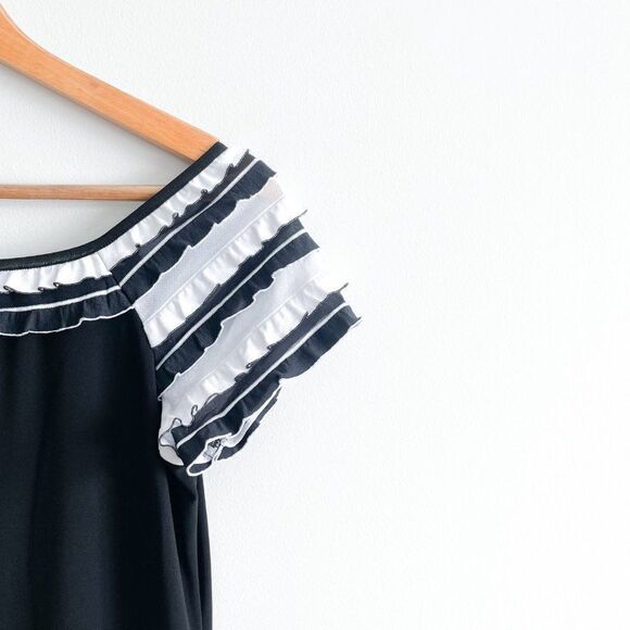 Joseph Ribkoff Dress Off Shoulder Ruffled Sleeves Hem Women's 10 Black White - Picture 3 of 7